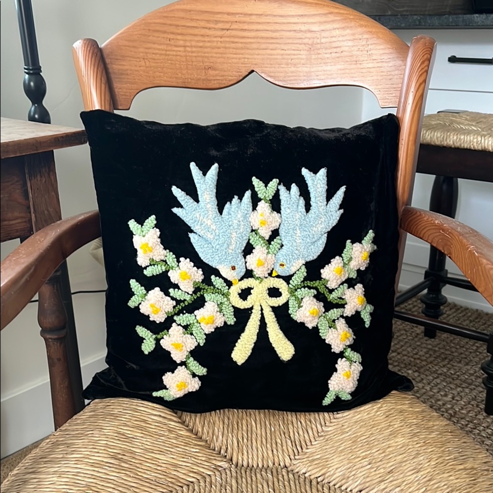 Elegant Black Pillow with Blue Birds and White Flower Embroidery